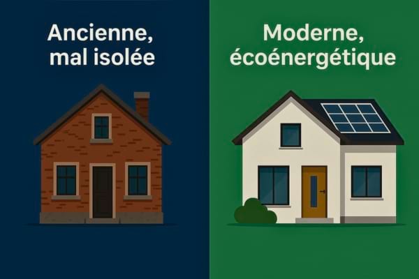 Comparaison visuelle entre une maison ancienne mal isolée et une maison moderne écoénergétique.