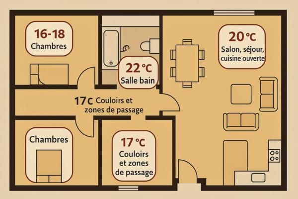 Plan d’un appartement avec différentes températures affichées dans chaque pièce.