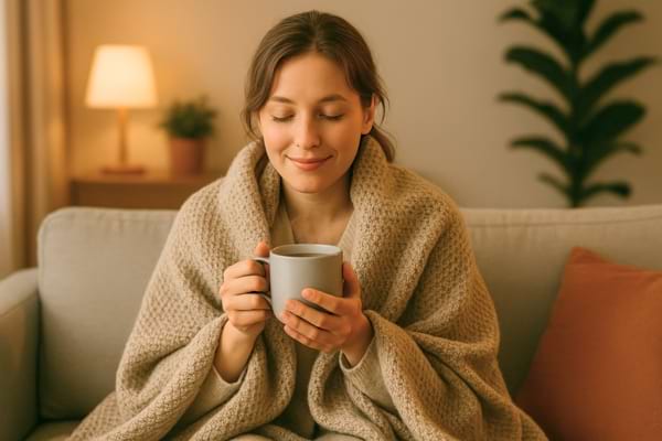 Image d’une personne sous un plaid dans un salon cosy, tasse de thé fumant, ambiance cocooning.