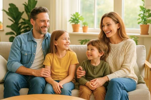 Image d’une famille souriante dans un salon bien chauffé et lumineux