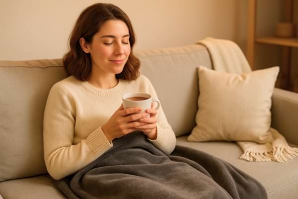Une personne d&eacute;tendue sur un canap&eacute;, plaid chauffant gris sur les genoux
