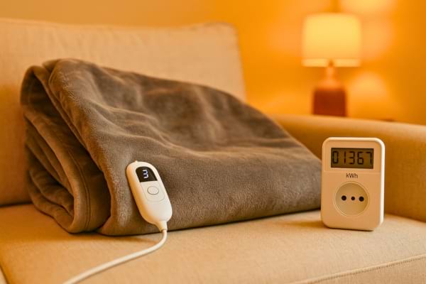 Une couverture chauffante pos&eacute;e sur un canap&eacute;, avec un compteur d&rsquo;&eacute;lectricit&eacute;