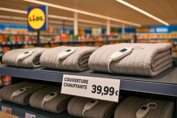 Rayon Lidl avec plusieurs plaids chauffants expos&eacute;s, &eacute;tiquette de prix visible (39,99 &euro;)