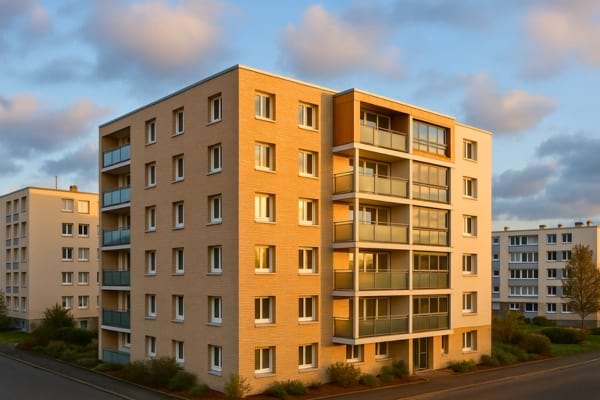 Photo d&rsquo;un immeuble r&eacute;nov&eacute; &agrave; Brest sous un ciel breton