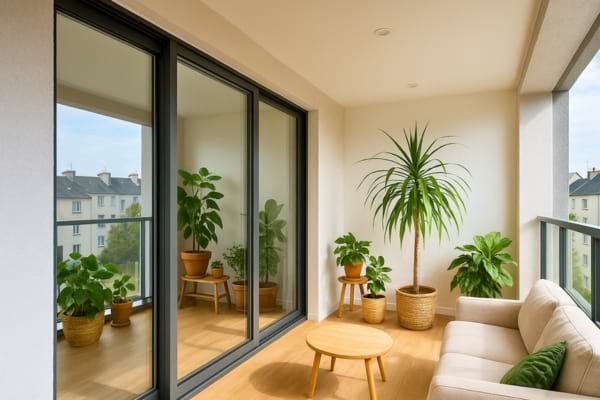 Photo d&rsquo;un balcon ferm&eacute; par un mur vitr&eacute; isolant moderne, int&eacute;rieur lumineux et v&eacute;g&eacute;talis&eacute;.