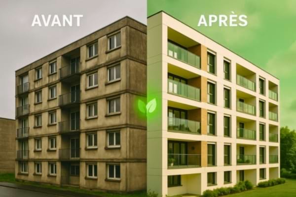 Image avant/apr&egrave;s d&rsquo;un immeuble : &agrave; gauche ancien, &agrave; droite r&eacute;nov&eacute;