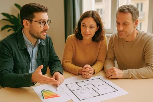 Photo d&rsquo;un conseiller &eacute;nerg&eacute;tique rencontrant un couple autour d&rsquo;un plan de maison.