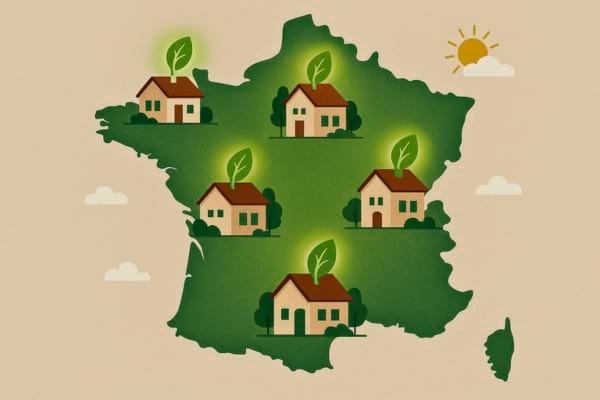 Carte stylis&eacute;e de la France avec des maisons &eacute;cologiques illustr&eacute;es.