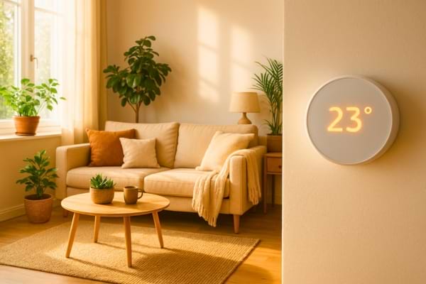 Int&eacute;rieur cosy avec lumi&egrave;re naturelle, plantes vertes et thermostat affichant 23&deg;C.