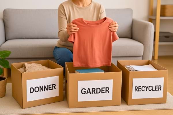 une personne triant ses affaires dans le salon, entourée de cartons