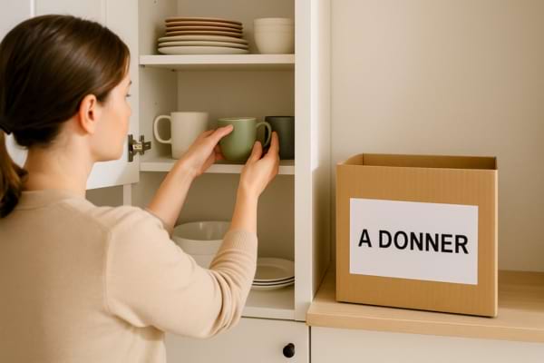 une personne rangeant une nouvelle tasse dans un placard bien organisé