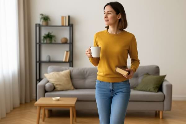 une femme quittant le salon avec une tasse et un livre à la main.