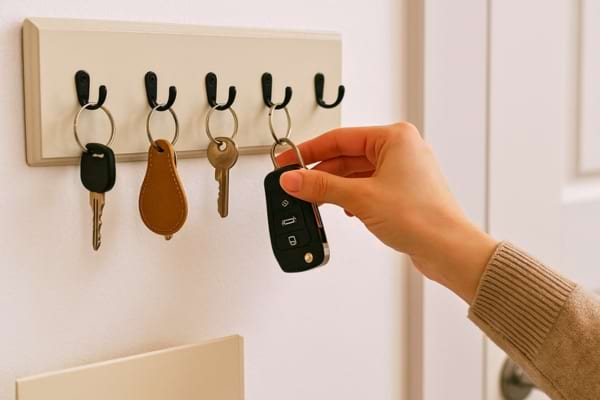 une main rangeant des clés sur un porte-clés mural à l’entrée.