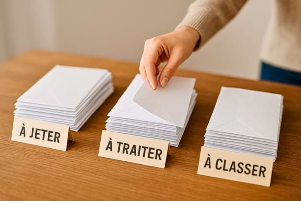 une main triant des lettres sur une table avec trois piles “à jeter / à traiter / à classer”.