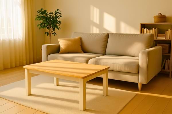 un salon cosy avec une table basse vide et propre