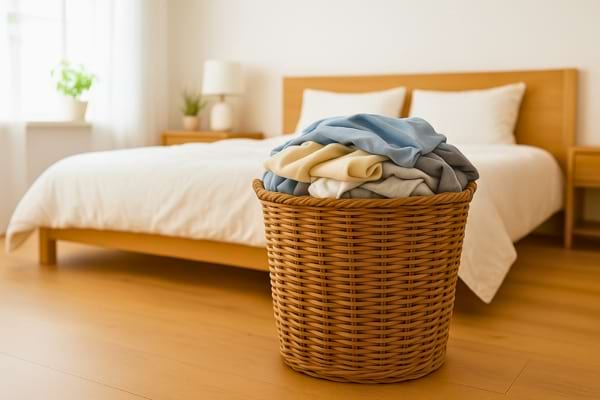 un panier à linge en osier rempli de vêtements