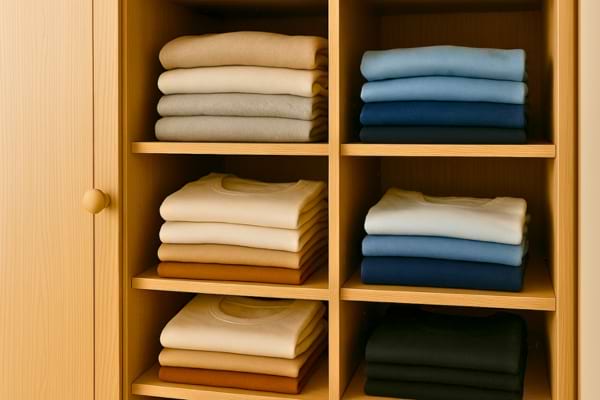 une armoire bien rangée avec des piles de vêtements par couleur.
