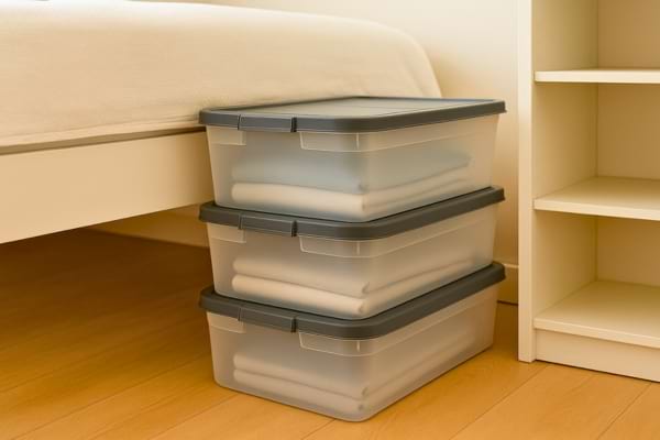 des boîtes de rangement empilées sous un lit ou sur une étagère blanche.