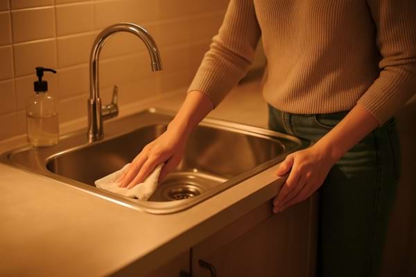 une personne essuyant un évier de cuisine brillant le soir.