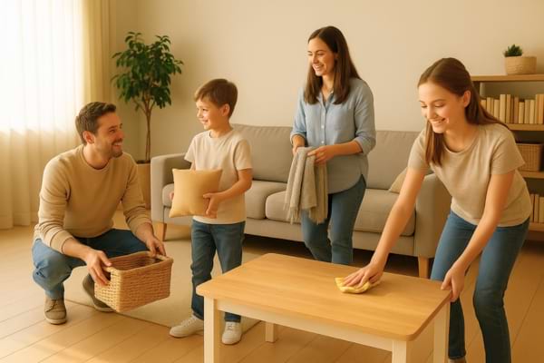 une famille qui range ensemble le salon avec des sourires.