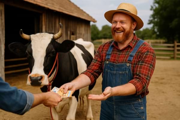 Un fermier souriant vend une vache dans une ferme rustique