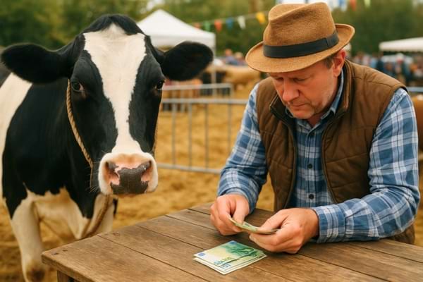 ne vache au marché avec un fermier qui compte des billets