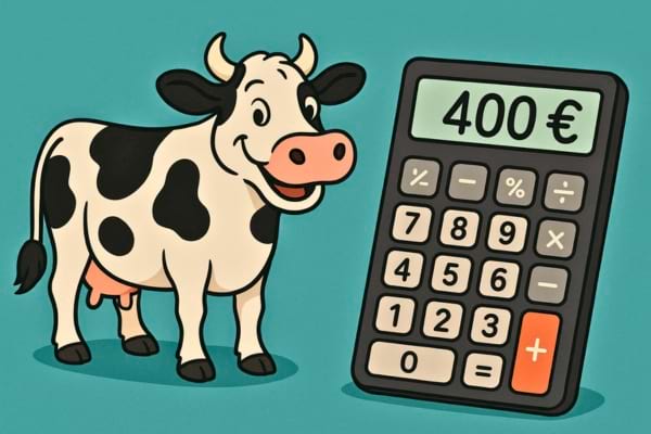 Une calculatrice affichant 400 €, à côté d’une vache dessinée de manière humoristique