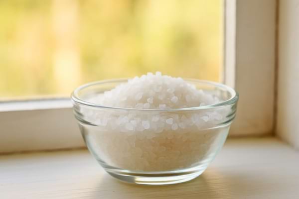 Bol rempli de gros sel marin sur un rebord de fenêtre, lumière du matin