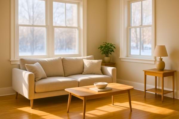 Salon lumineux et sec sans condensation sur les fenêtres, ambiance chaleureuse