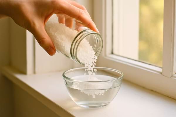 Personne versant du gros sel dans un bol transparent près d’une fenêtre