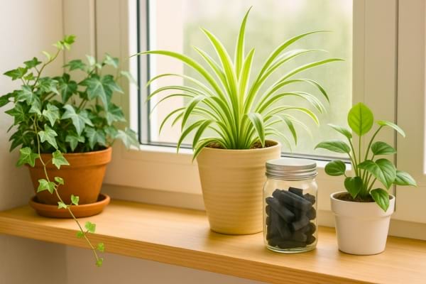 Plantes vertes d’intérieur (lierre, chlorophytum) et charbon de bambou  près d’une fenêtre