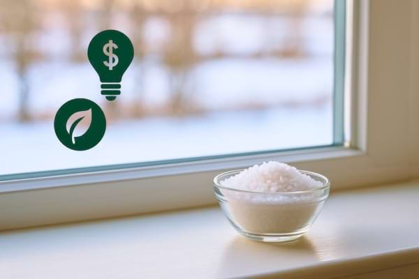 Bol de sel, symbole d’économie d’énergie et écologie, posé sur rebord de fenêtre en hiver