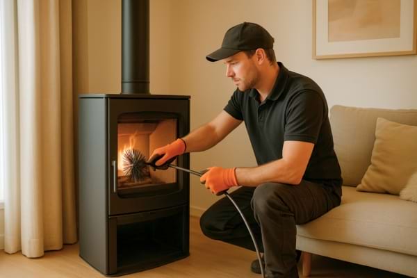 ramoneur nettoyant conduit de poêle à bois dans un salon moderne