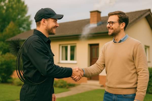 ramoneur professionnel saluant locataire devant maison, fumée douce sortant cheminée