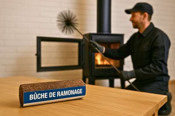 bûche de ramonage sur une table près d’un poêle à bois, professionnel utilisant un hérisson