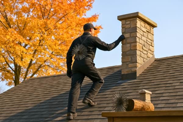 amoneur montant sur un toit en automne, feuilles orange, ciel clair, cheminée en pierre