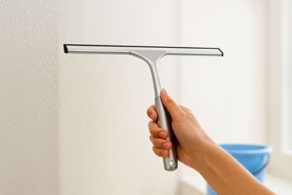 main passant une raclette sur une vitre de douche mouillée