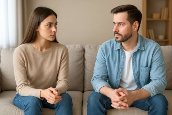 un couple assis sur un canapé, se regardant sans se parler