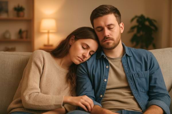 un couple épuisé après une longue journée, la femme pose sa tête sur l’épaule de son mari
