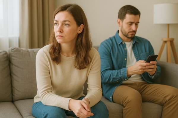 Un couple assis sur un canapé qui n'a plus de complicité