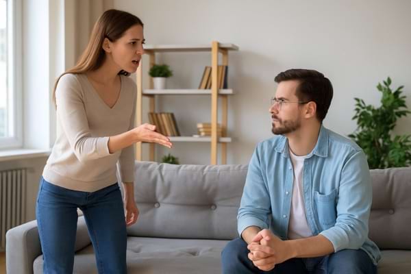 Une femme debout dans un salon moderne, parlant à son conjoint assis sur le canapé, les mains légèrement levées
