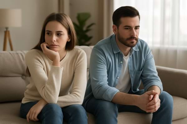 Un couple qui assit dans un salon qui s'ennuit