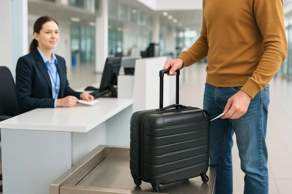 Un homme qui enregistre ses bagages à l'aeroport