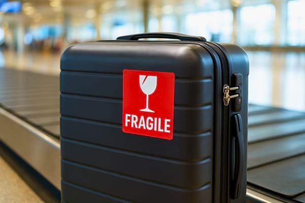 une valise sur un tapis roulant avec une etiquette "Fragile"