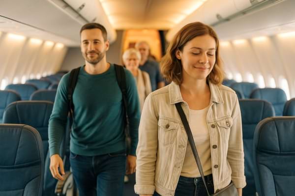 Un homme et une femme zen qui sortent de l'intérieur de l'avion
