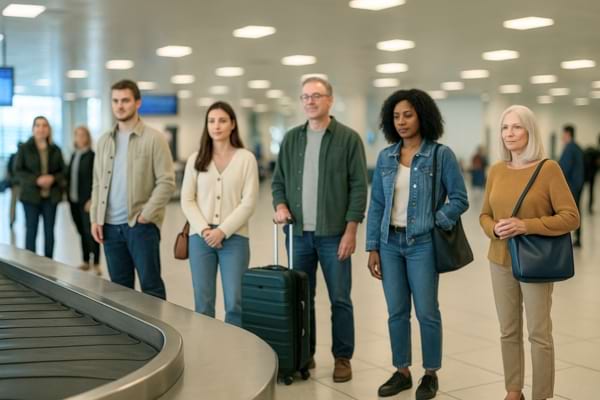 des personnes qui attendent devant un tapis roulant de bagages