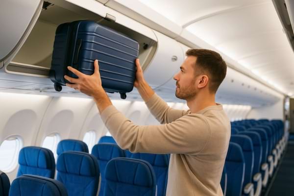 Un homme qui range une valise de cabine