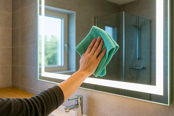 Miroir lumineux dans une salle de bain moderne, main tenant une microfibre douce