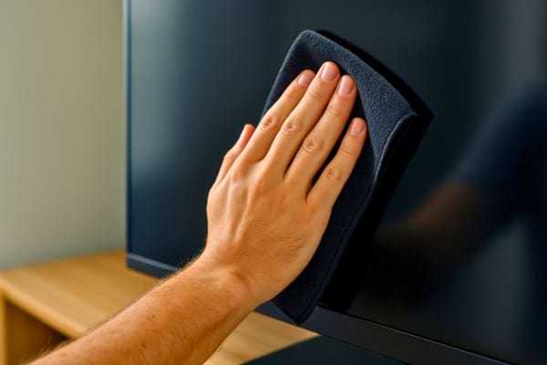 Verres en cristal brillants posés sur un plan de cuisine, main les essuyant délicatement avec un chiffon doux