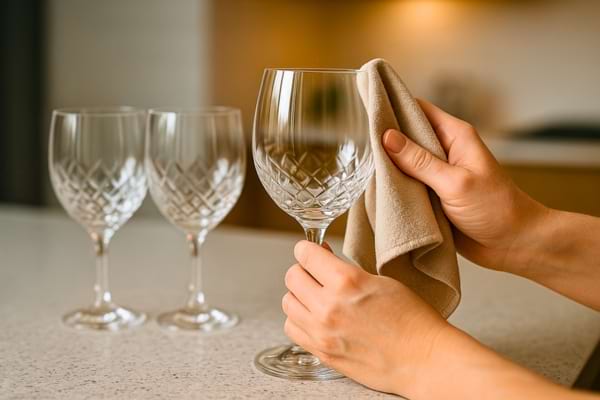 Verres en cristal brillants posés sur un plan de cuisine, main les essuyant délicatement avec un chiffon doux